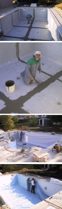 technique piscine beton pose escalier et liner